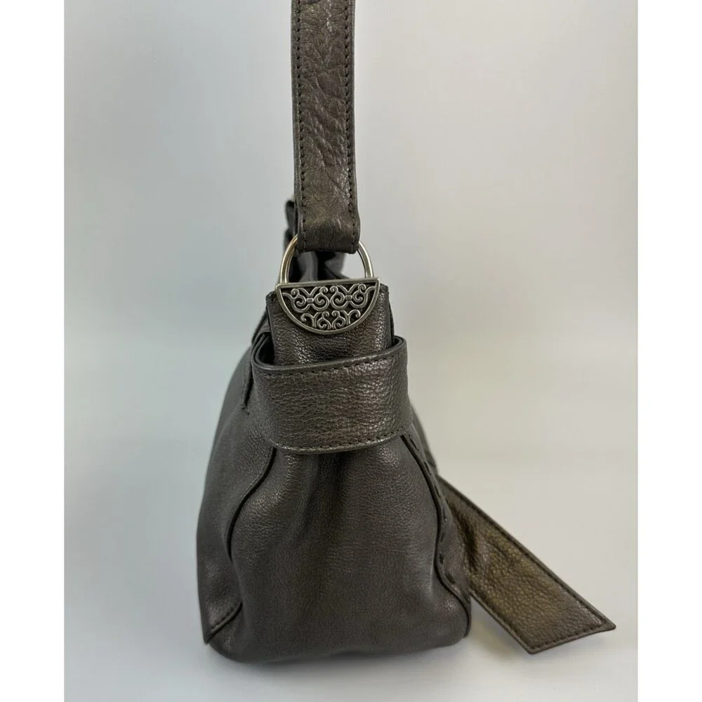 Brighton Bow Strap Hobo Handbag Pewter Metallic Leather Shoulder Purse Magnetic